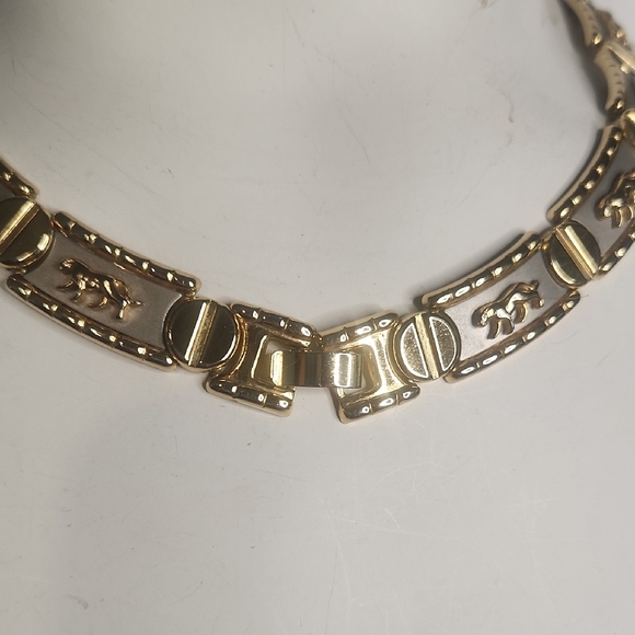 Vintage Two Tone Chocker Collar Necklace & Earrings Jaguar Statement Set - Picture 6 of 13
